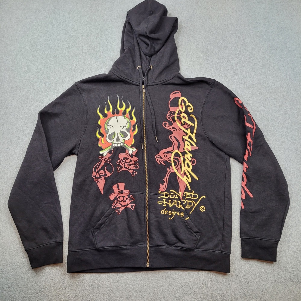 Ed Hardy Zip Hoodie Mens Medium Black Skull Flame Graphic EHMR1301-12